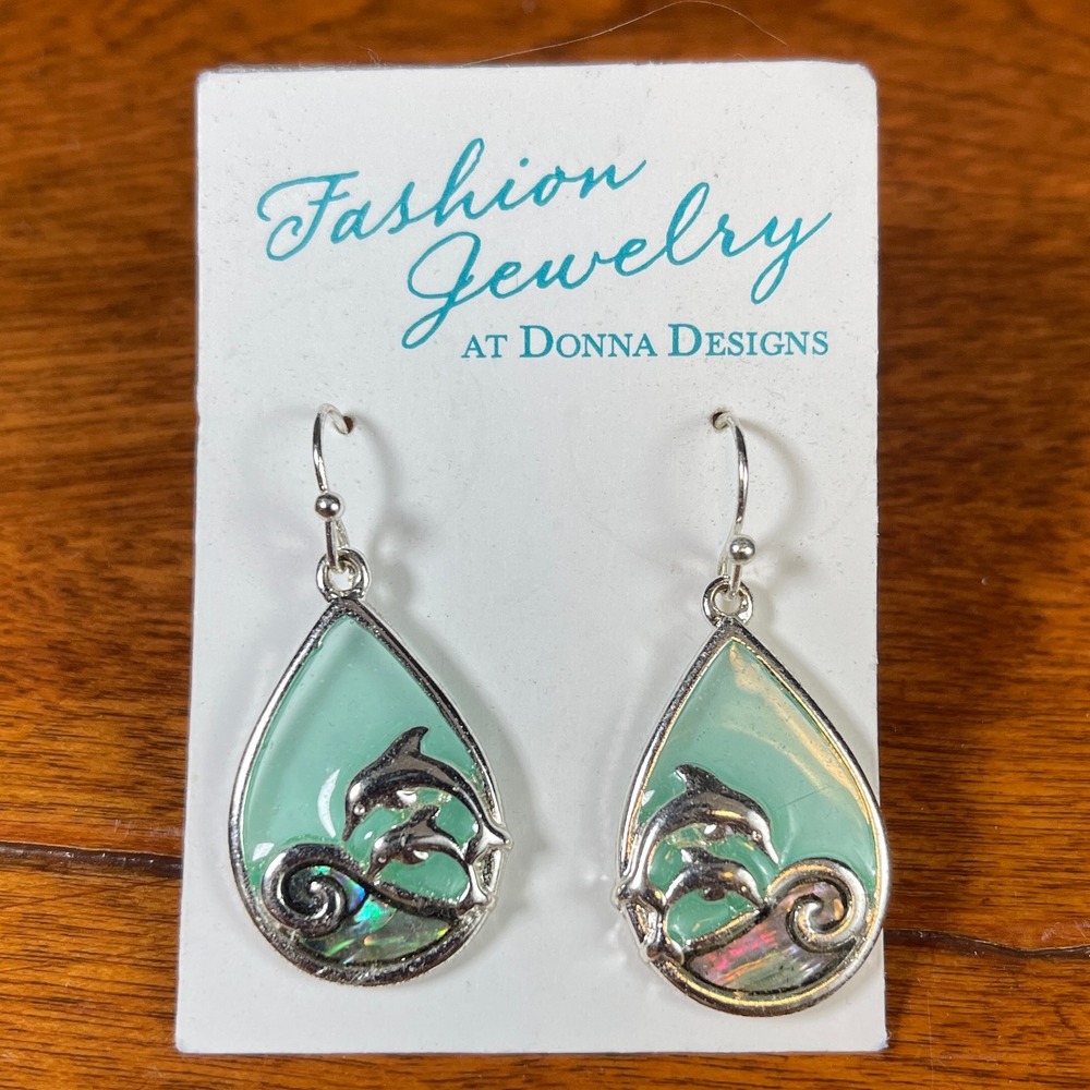 Donna Designs Dolphin Wave Teardrop‎ Dangle Earrings Aqua